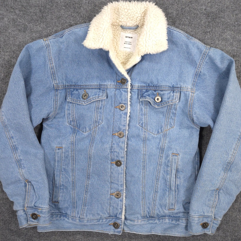 Cotton On Fleece Lined‎ Denim Trucker Jacket Womens 4 Blue Medium Wash Outdoor